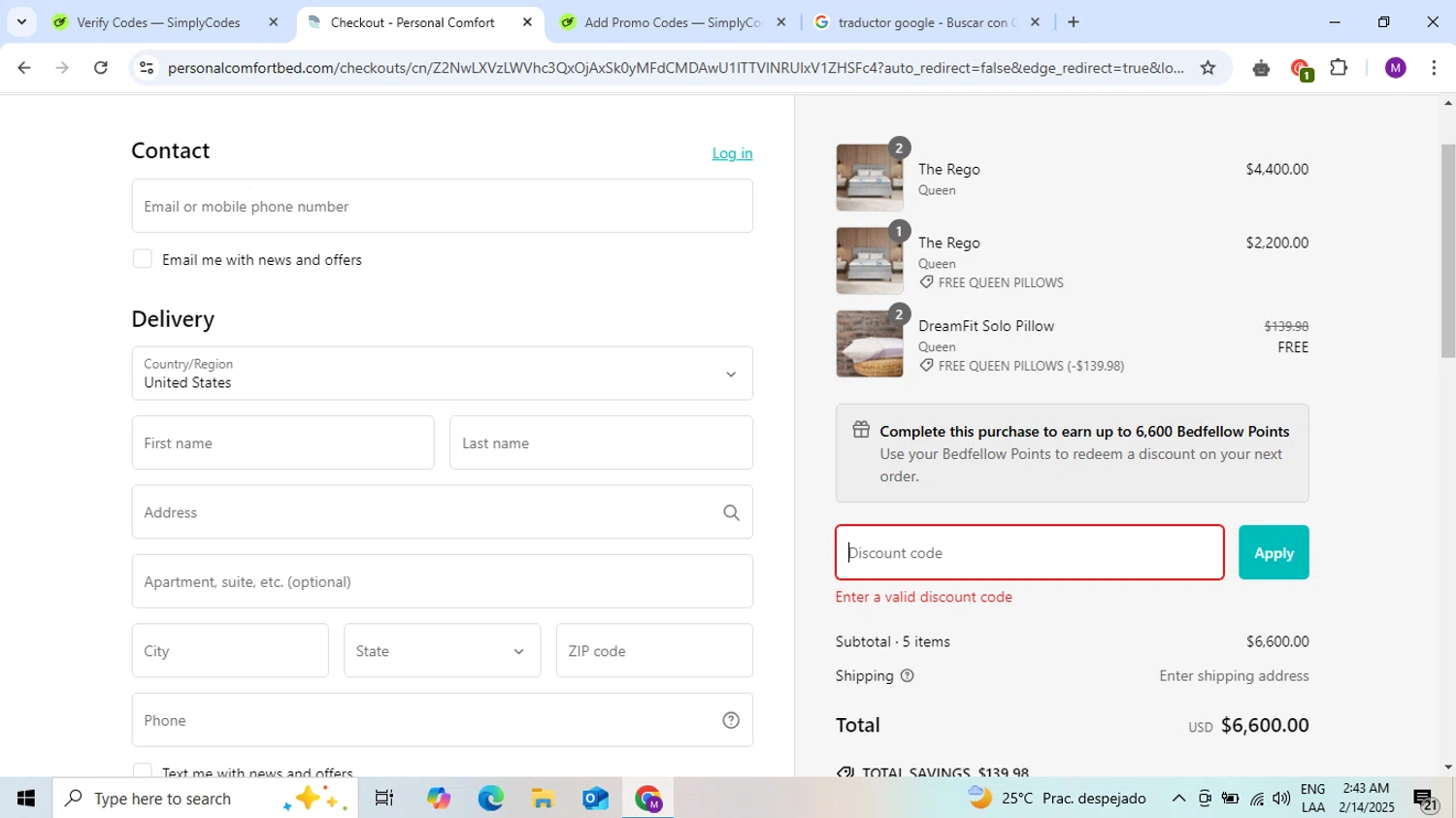 Personal Comfort promo code screenshot showing code USA2024 applied at Personal Comfort checkout page. Uploaded by SimplyCodes community member PennyScout8462 on Feb 14, 2025