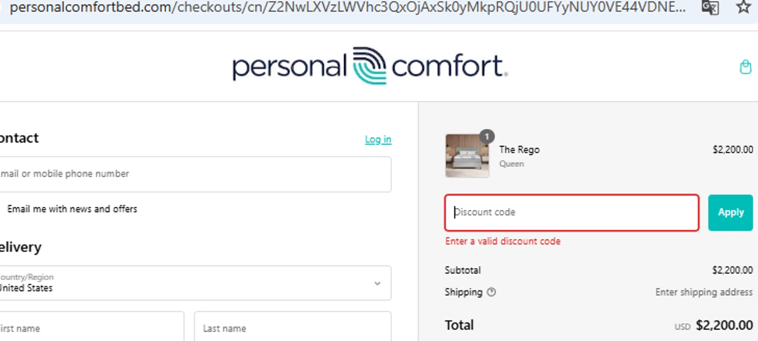 Personal Comfort promo code screenshot showing code USA2024 applied at Personal Comfort checkout page. Uploaded by SimplyCodes community member WiseAce8490 on Feb 14, 2025