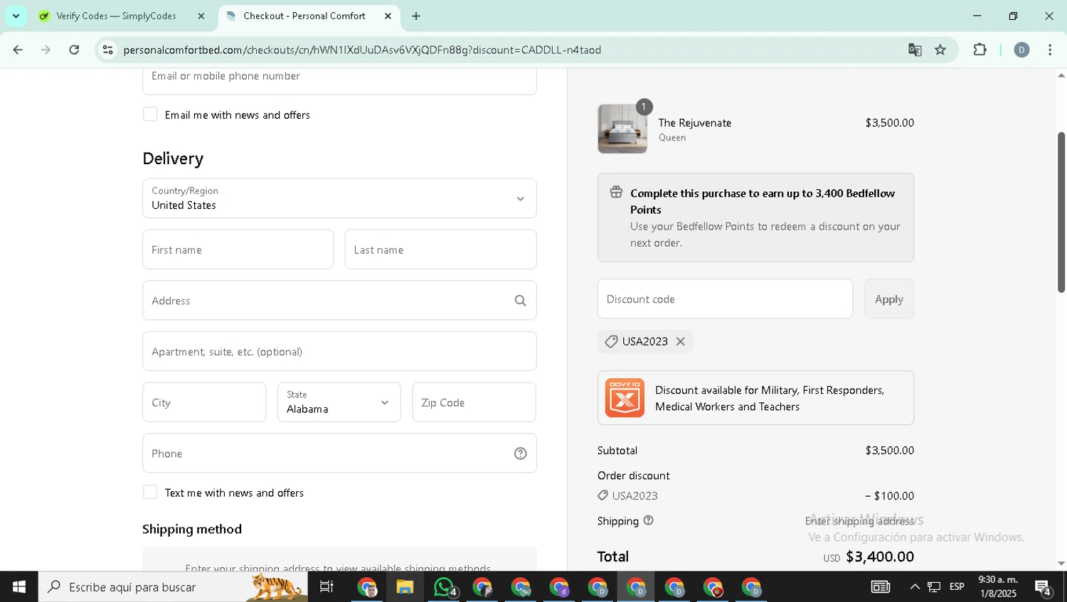 Personal Comfort promo code screenshot showing code USA2023 applied at Personal Comfort checkout page. Uploaded by SimplyCodes community member SavingsHero4493 on Aug 1, 2025