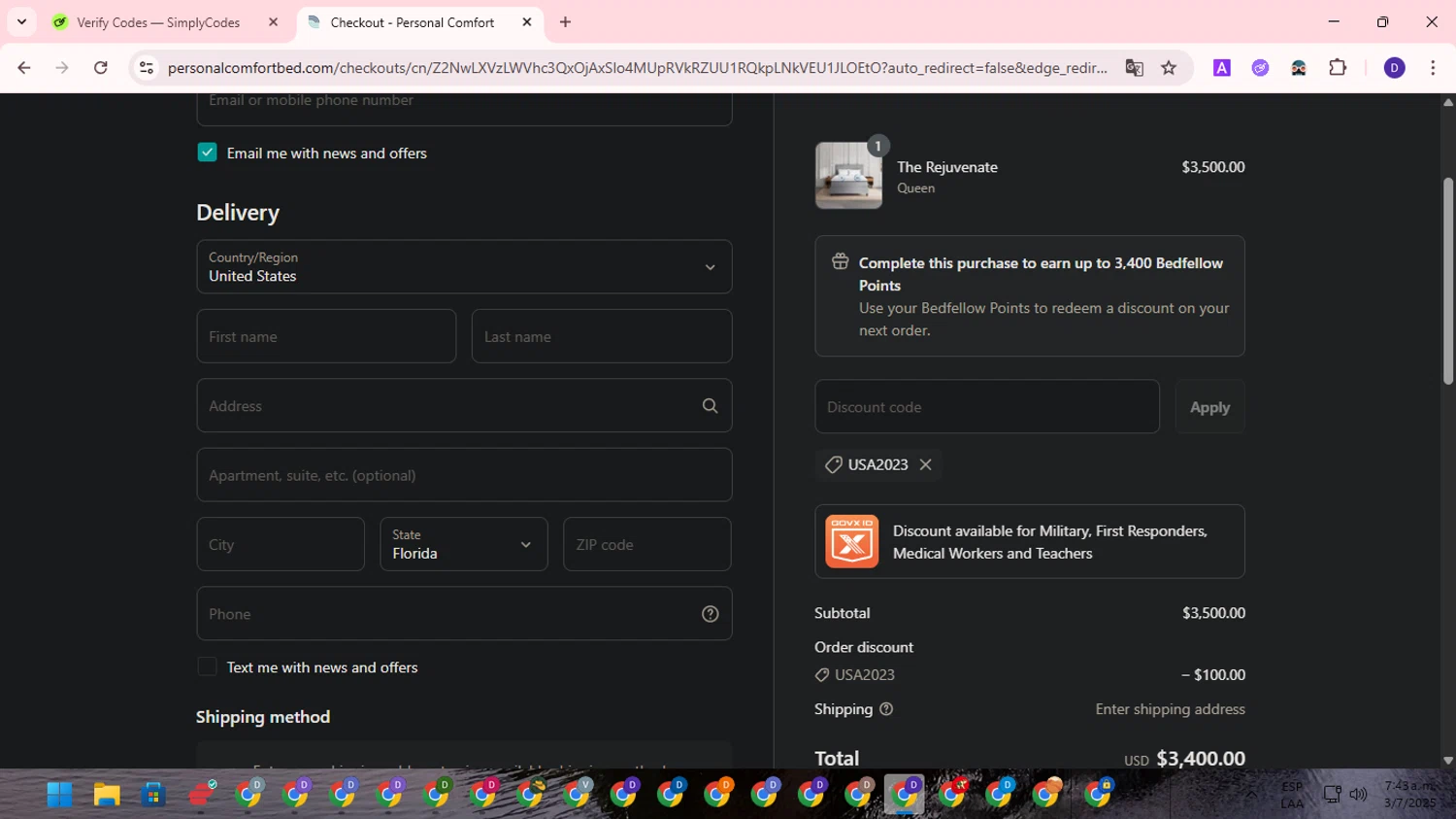 Personal Comfort promo code screenshot showing code USA2023 applied at Personal Comfort checkout page. Uploaded by SimplyCodes community member WonderLion2890 on Jul 3, 2025