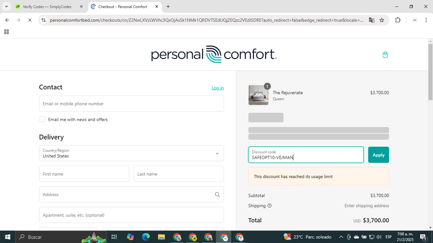 Personal Comfort promo code screenshot showing code SAFEOPT10-VEJMAN applied at Personal Comfort checkout page. Uploaded by SimplyCodes community member EpicTracker1394 on Feb 21, 2025