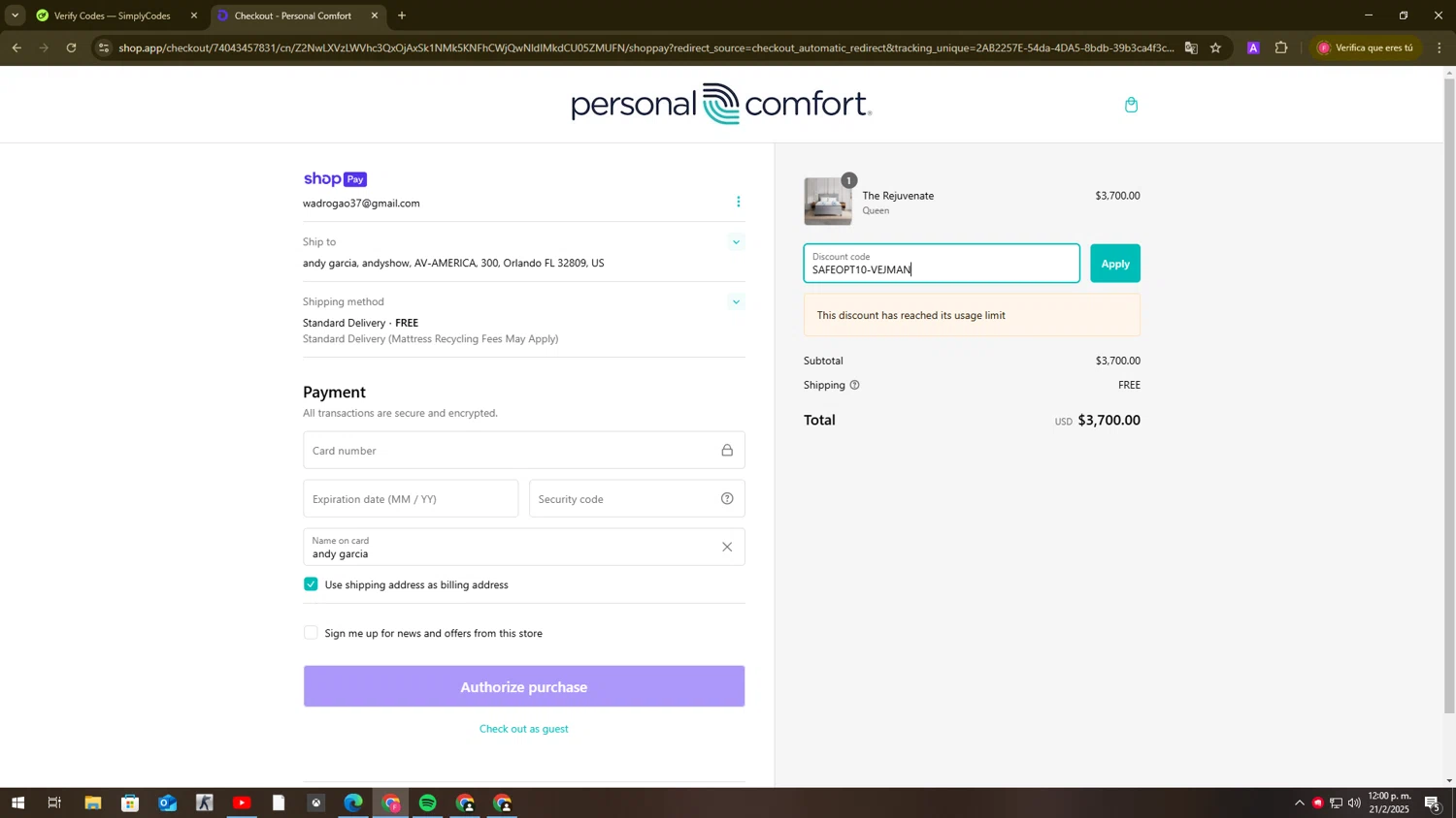 Personal Comfort promo code screenshot showing code SAFEOPT10-VEJMAN applied at Personal Comfort checkout page. Uploaded by SimplyCodes community member FortunatePilot2384 on Feb 21, 2025