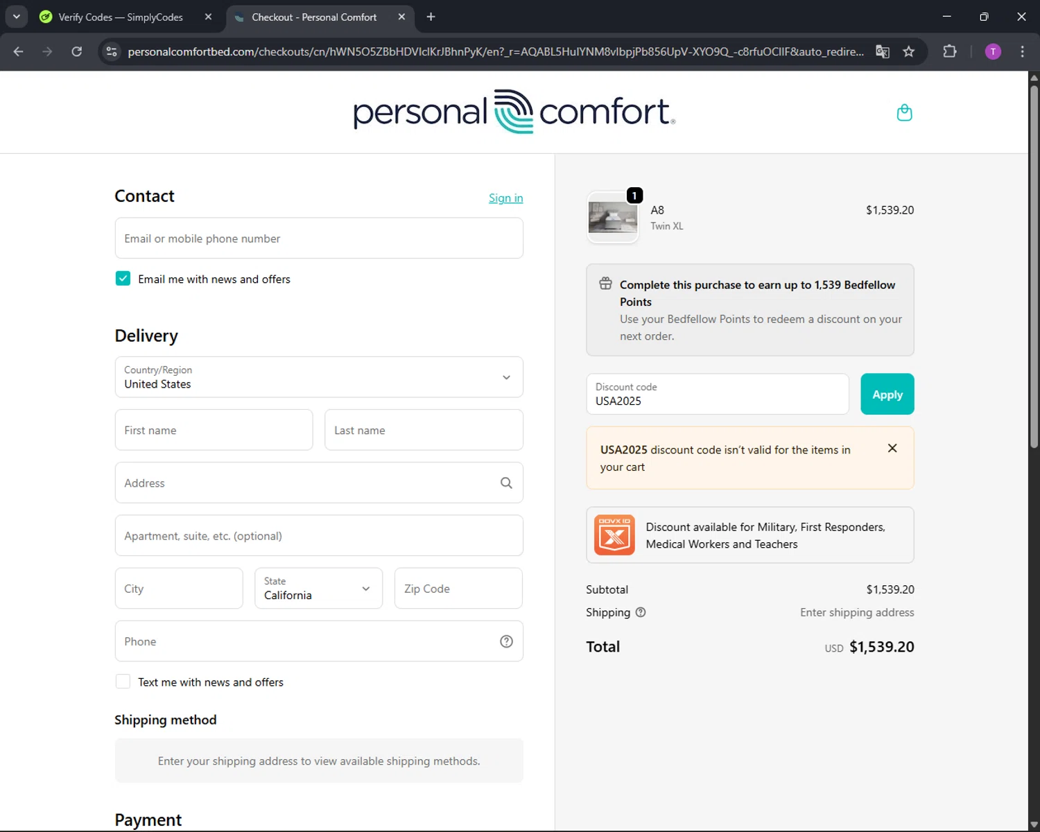 Personal Comfort promo code screenshot showing code USA2025 applied at Personal Comfort checkout page. Uploaded by SimplyCodes community member CleverFinder9623 on Nov 17, 2025