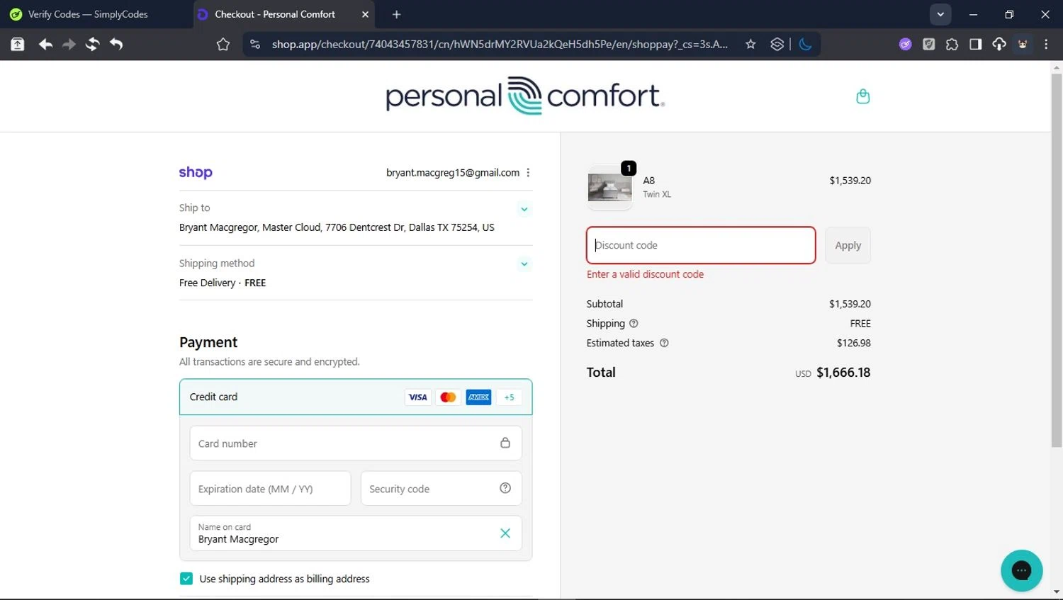 Personal Comfort promo code screenshot showing code USA2O25 applied at Personal Comfort checkout page. Uploaded by SimplyCodes community member BrilliantTitan6909 on Nov 23, 2025