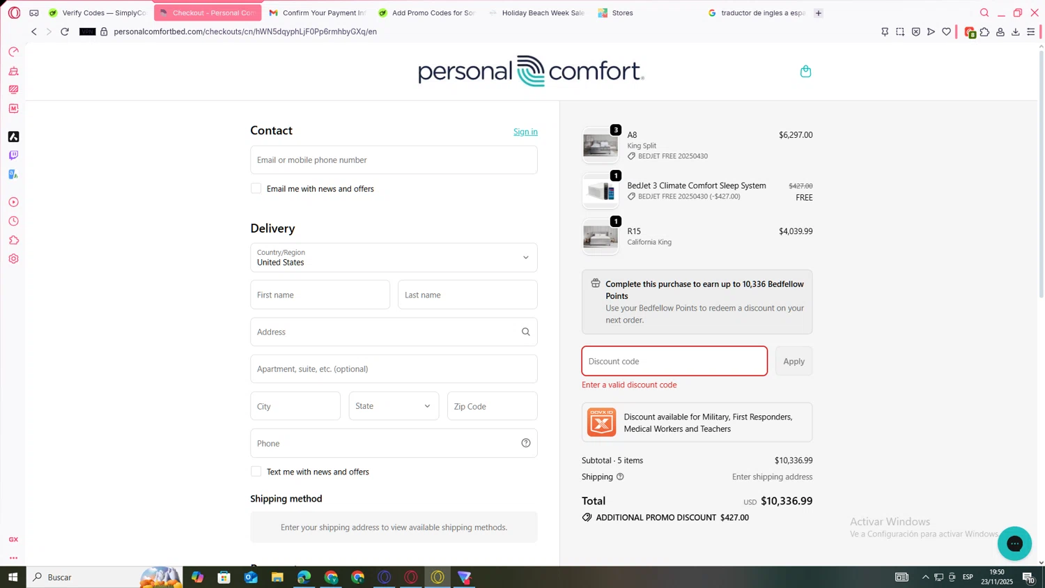 Personal Comfort promo code screenshot showing code USA2O25 applied at Personal Comfort checkout page. Uploaded by SimplyCodes community member JEUGENIO on Nov 23, 2025