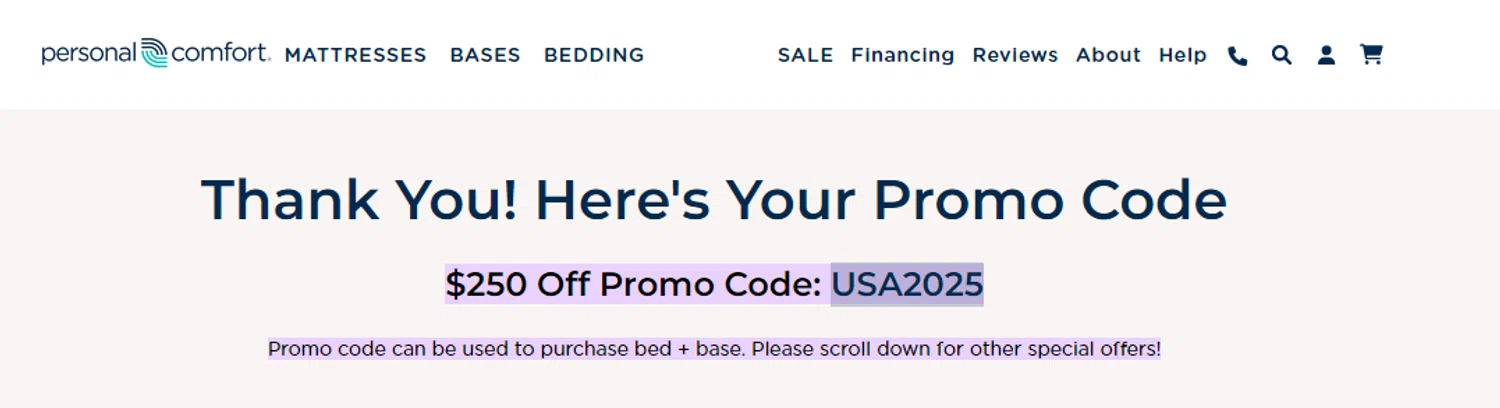 Personal Comfort promo code screenshot showing code USA2O25 applied at Personal Comfort checkout page. Uploaded by SimplyCodes community member Alofoke on Dec 12, 2025