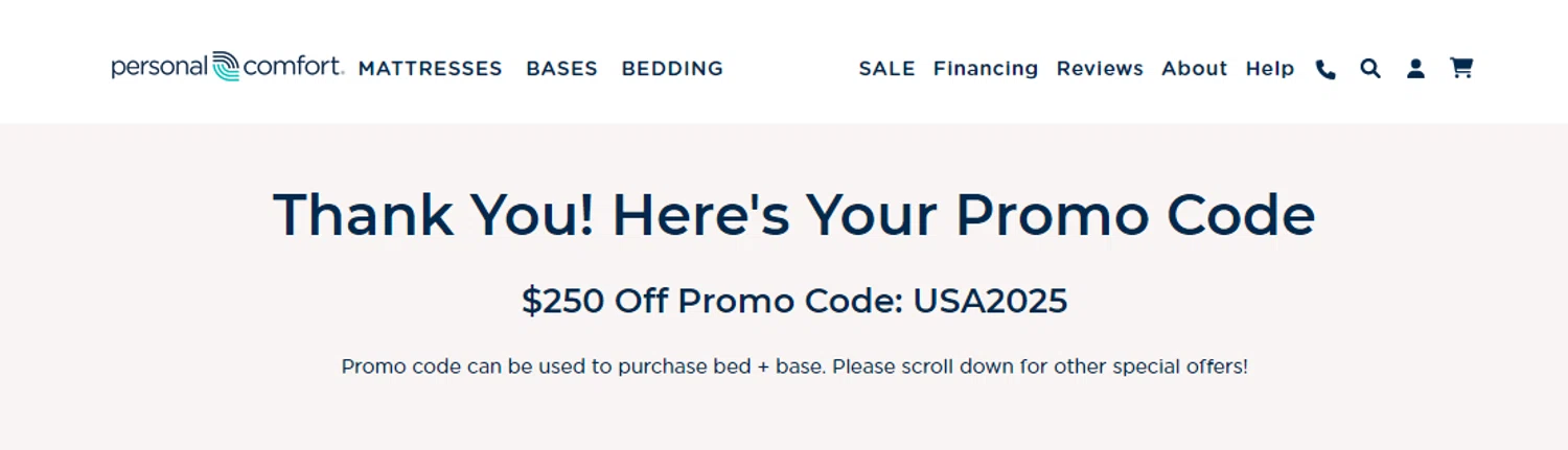 Personal Comfort promo code screenshot showing code USA2025 applied at Personal Comfort checkout page. Uploaded by SimplyCodes community member Alofoke on May 28, 2025