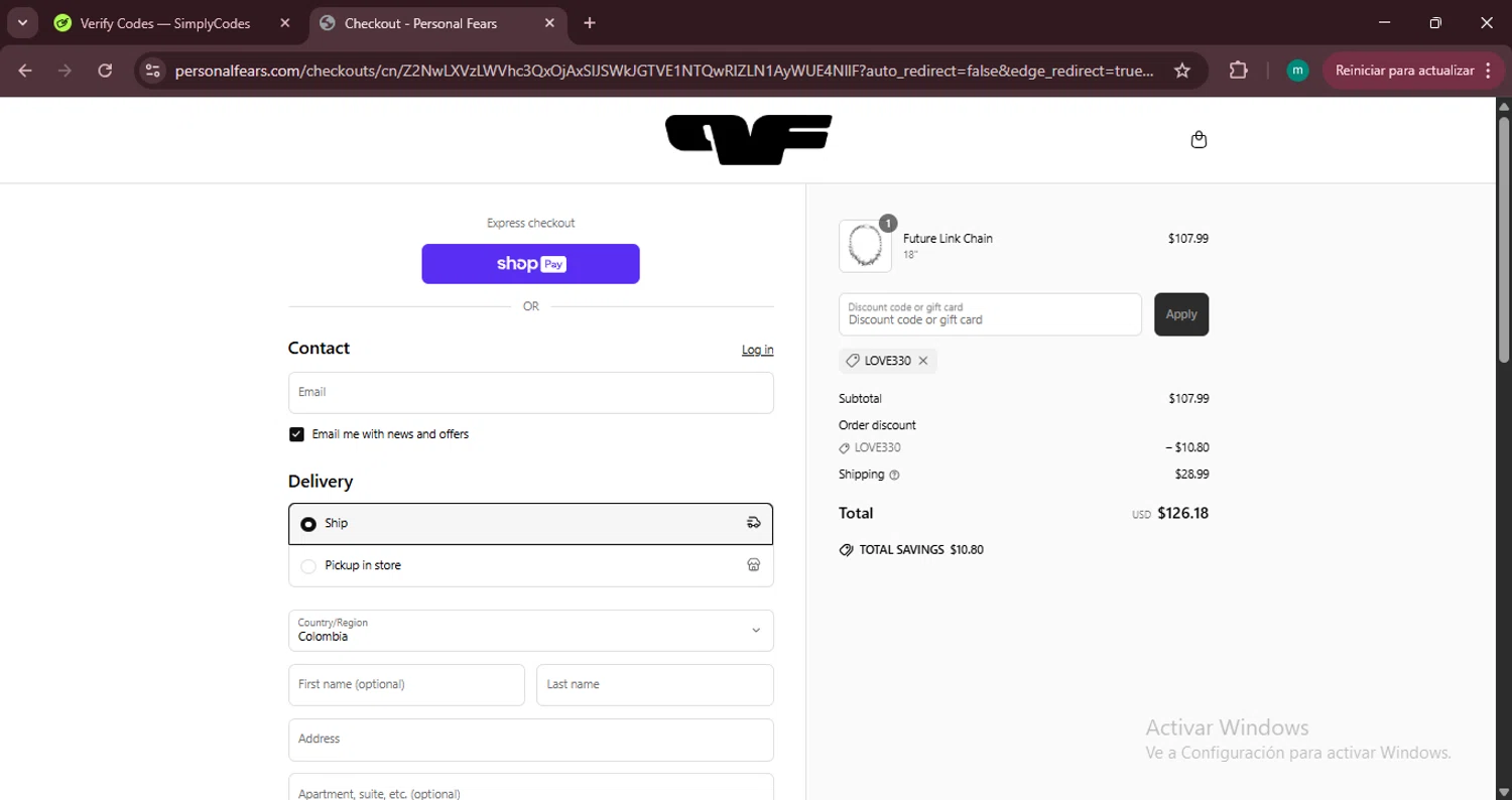 Personal Fears discount code screenshot showing code LOVE330 applied at Personal Fears checkout page. Uploaded by SimplyCodes community member CrownSpotter4262 on Apr 14, 2025