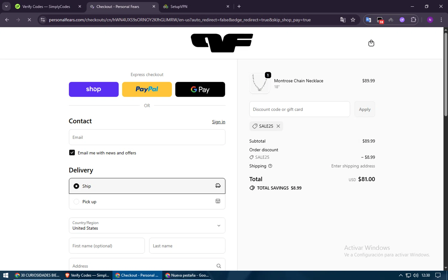 Personal Fears discount code screenshot showing code sale25 applied at Personal Fears checkout page. Uploaded by SimplyCodes community member Voucher200 on Oct 24, 2025