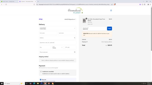 Personalized Planet checkout page showing Personalized Planet promo code box | Screenshot taken by SimplyCodes community member on Sep 3, 2025