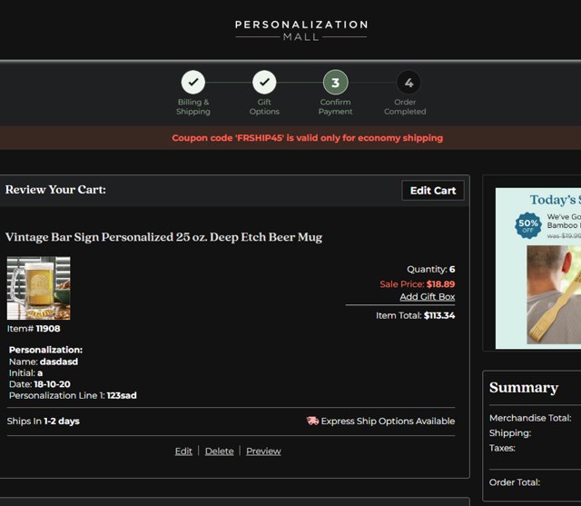 Personalization Mall checkout page showing Personalization Mall coupon code box | Screenshot taken by SimplyCodes community member on May 18, 2025