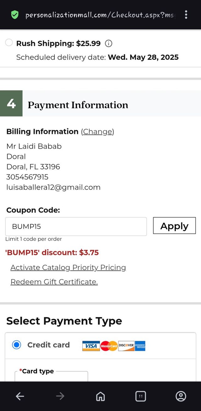 Personalization Mall checkout page showing Personalization Mall coupon code box | Screenshot taken by SimplyCodes community member on May 25, 2025