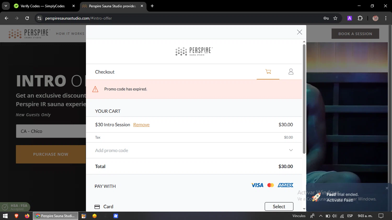 Perspire Sauna Studios promo code screenshot showing code NEWYEAR40 applied at Perspire Sauna Studios checkout page. Uploaded by SimplyCodes community member Rxchxrd on Feb 3, 2026