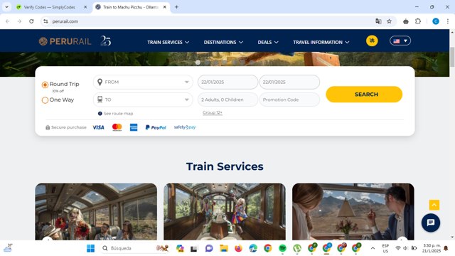 PeruRail checkout page showing PeruRail promo code box | Screenshot taken by SimplyCodes community member on Jan 21, 2025