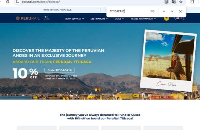 PeruRail checkout page showing PeruRail promo code box | Screenshot taken by SimplyCodes community member on Feb 3, 2025