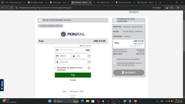 PeruRail checkout page showing PeruRail promo code box | Screenshot taken by SimplyCodes community member on Mar 1, 2025