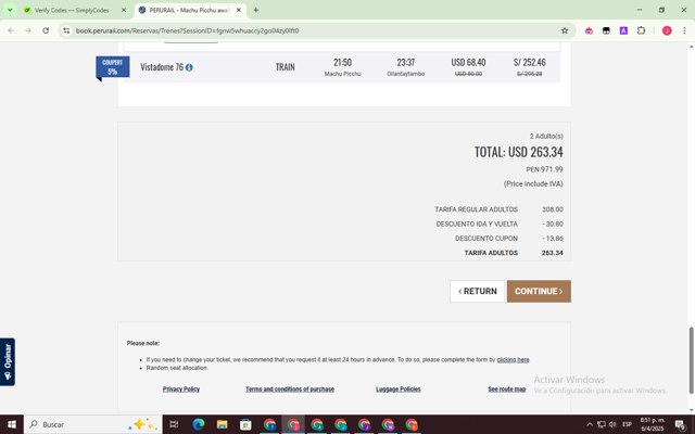 PeruRail checkout page showing PeruRail promo code box | Screenshot taken by SimplyCodes community member on Apr 7, 2025