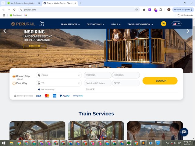 PeruRail checkout page showing PeruRail promo code box | Screenshot taken by SimplyCodes community member on Mar 11, 2025