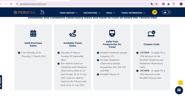 PeruRail checkout page showing PeruRail promo code box | Screenshot taken by SimplyCodes community member on Mar 26, 2025