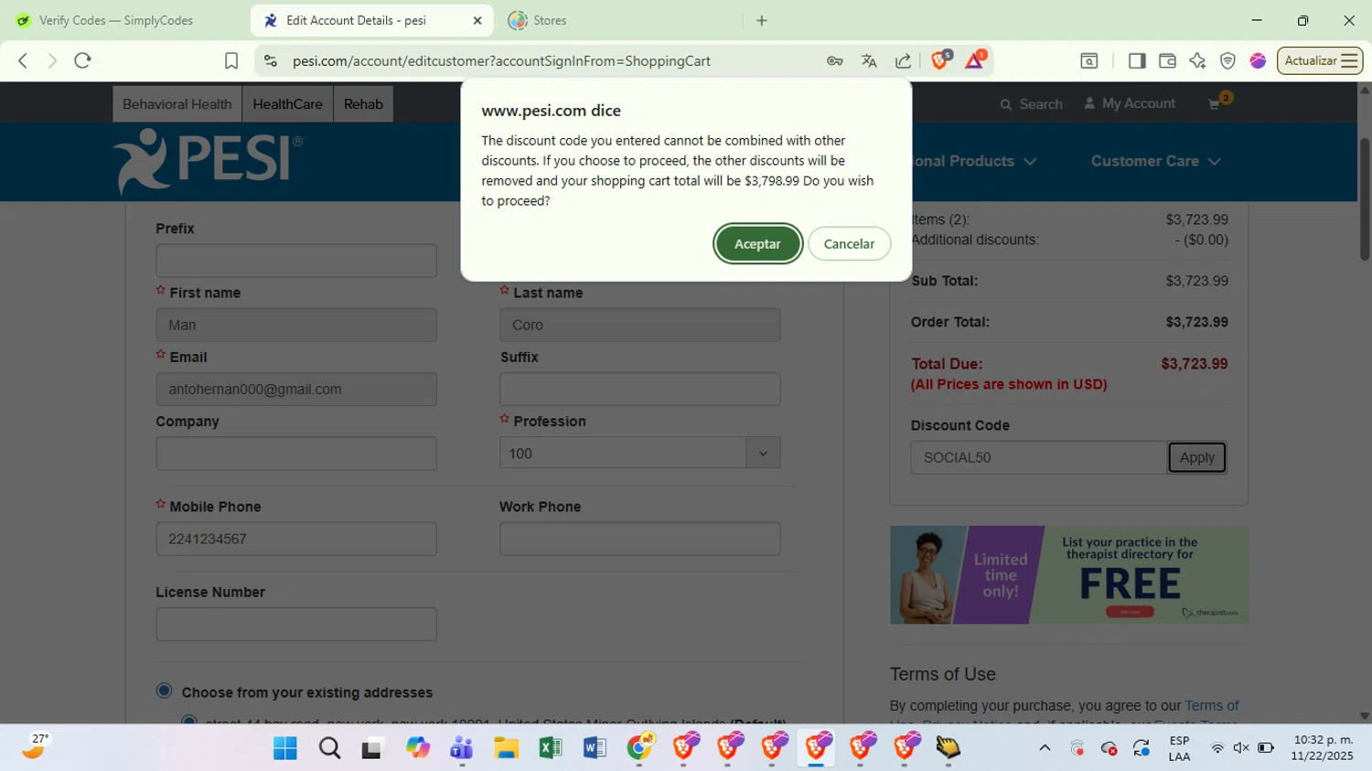 PESI discount code screenshot showing code SOCIAL50 applied at PESI checkout page. Uploaded by SimplyCodes community member Covid19 on Nov 23, 2025