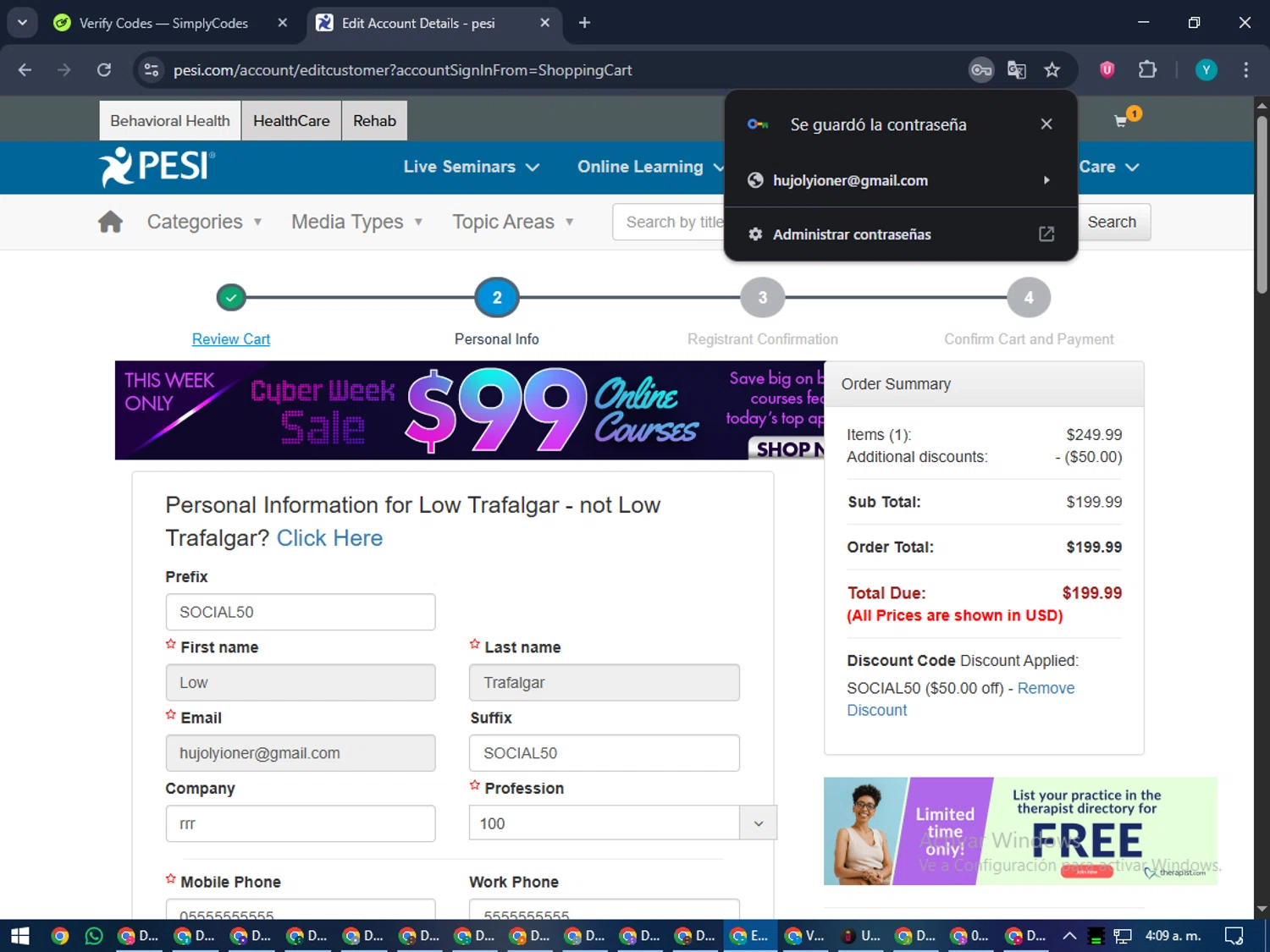 PESI discount code screenshot showing code SOCIAL50 applied at PESI checkout page. Uploaded by SimplyCodes community member RoyalEagle4794 on Dec 1, 2025