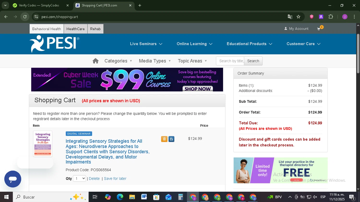 PESI discount code screenshot showing code SOCIAL50 applied at PESI checkout page. Uploaded by SimplyCodes community member Tazbravo on Dec 11, 2025