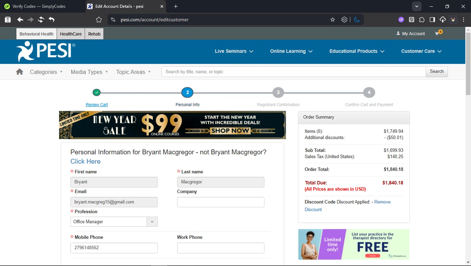 PESI checkout page showing PESI discount code box | Screenshot taken by SimplyCodes community member on Jan 31, 2026
