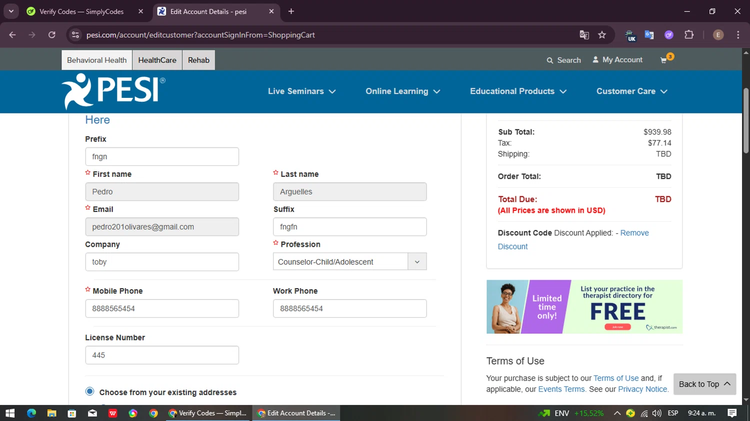 PESI checkout page showing PESI discount code box | Screenshot taken by SimplyCodes community member on Jan 1, 2026