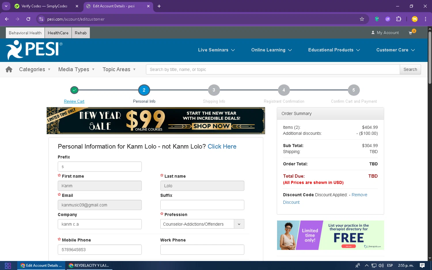 PESI checkout page showing PESI discount code box | Screenshot taken by SimplyCodes community member on Jan 2, 2026