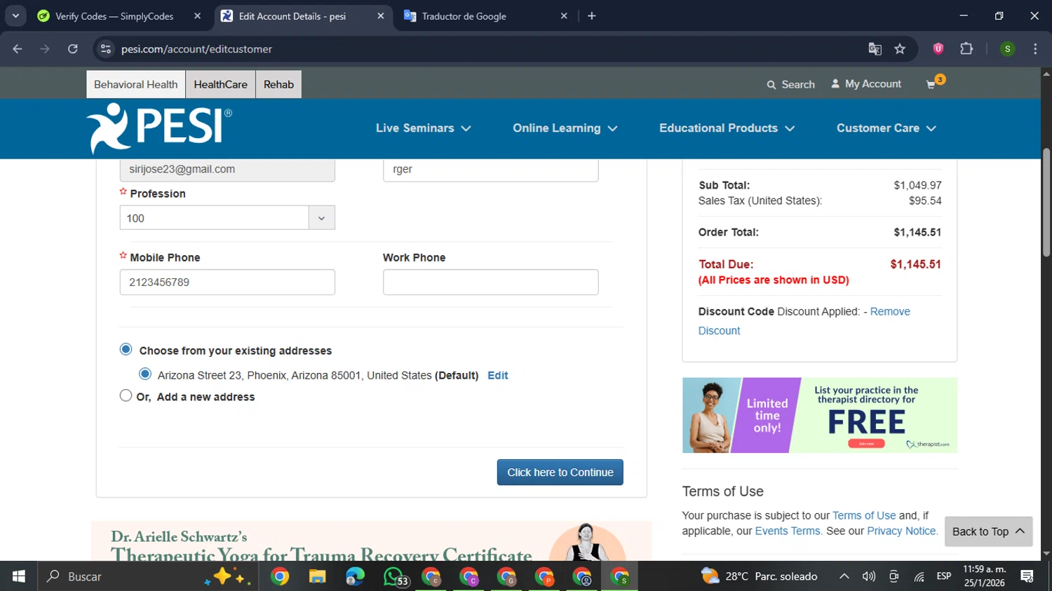 PESI checkout page showing PESI discount code box | Screenshot taken by SimplyCodes community member on Jan 25, 2026