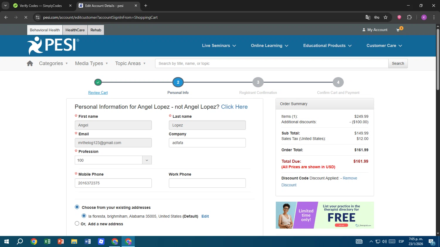 PESI checkout page showing PESI discount code box | Screenshot taken by SimplyCodes community member on Jan 23, 2026
