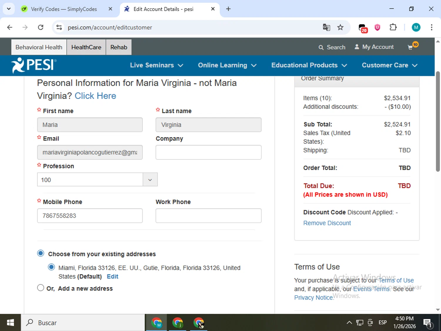 PESI checkout page showing PESI discount code box | Screenshot taken by SimplyCodes community member on Jan 26, 2026