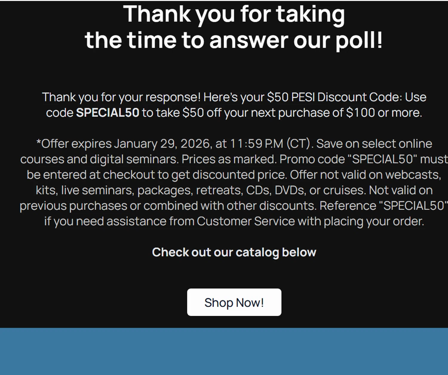 PESI discount code screenshot showing code SPECIAL50 applied at PESI checkout page. Uploaded by SimplyCodes community member ValiantLion5897 on Jan 1, 2026
