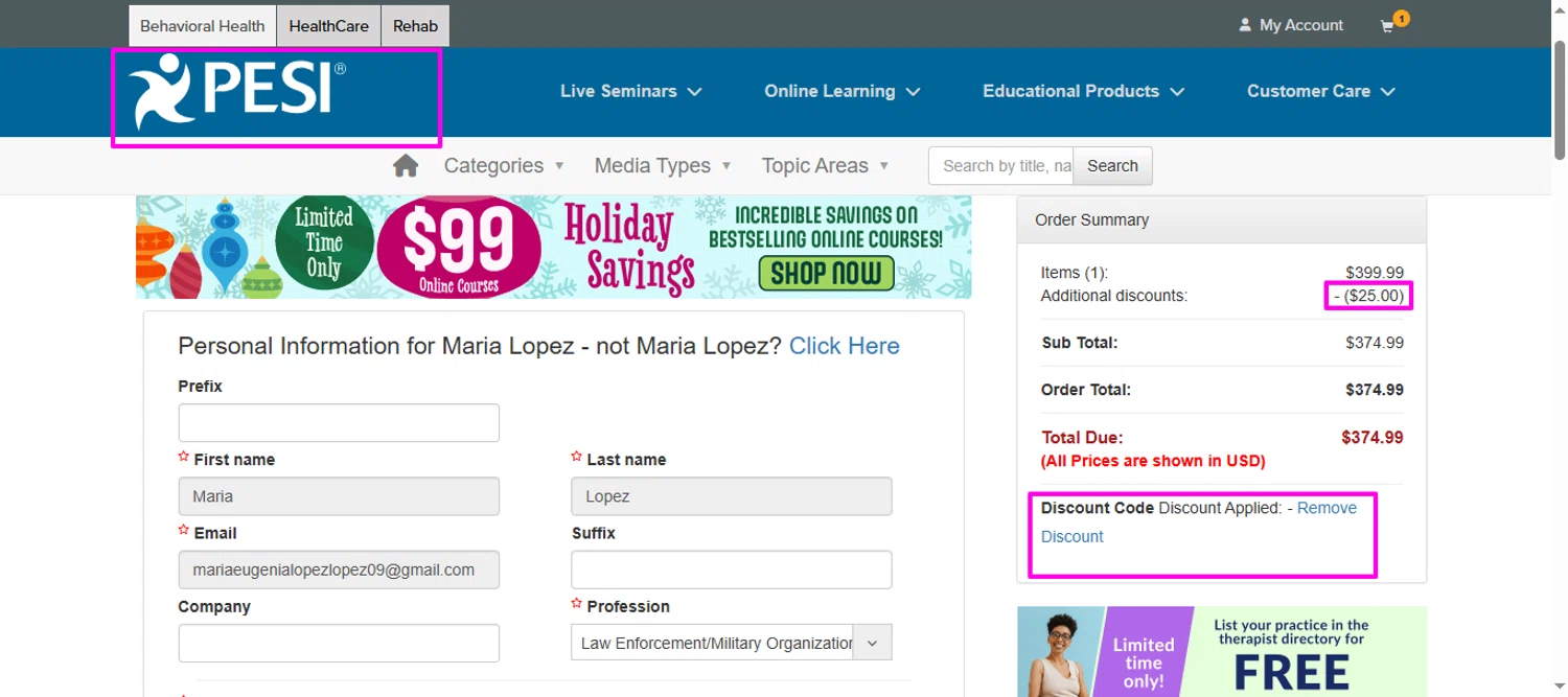 PESI discount code screenshot showing code GIFT4ME applied at PESI checkout page. Uploaded by SimplyCodes community member mrdarcy on Dec 21, 2025