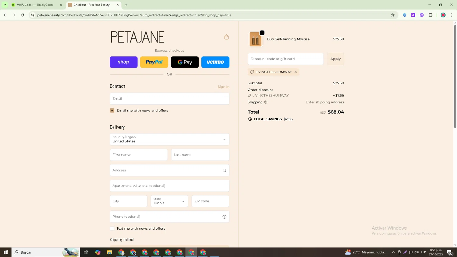 Peta Jane Beauty discount code screenshot showing code Livingtheshumway applied at Peta Jane Beauty checkout page. Uploaded by SimplyCodes community member David_Garcia on Oct 28, 2025