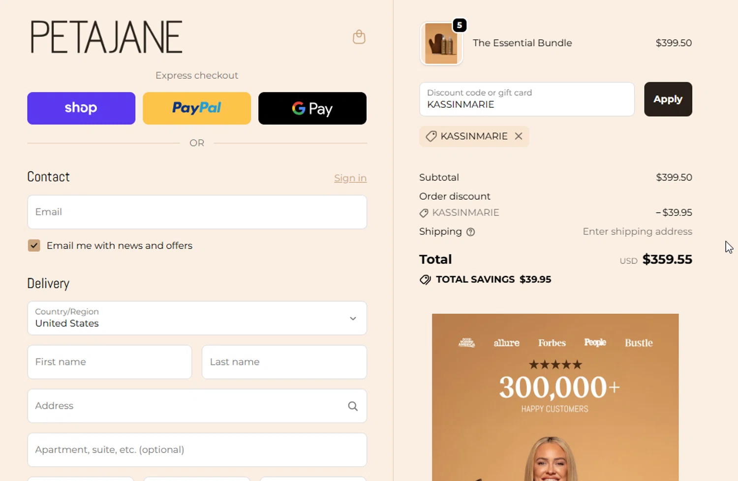 Peta Jane Beauty discount code screenshot showing code KASSINMARIE applied at Peta Jane Beauty checkout page. Uploaded by SimplyCodes community member Lestara_23 on Oct 15, 2025