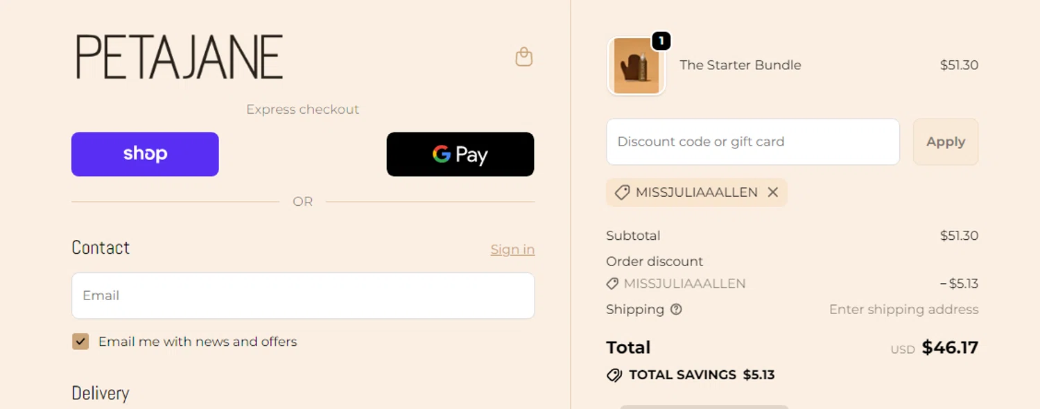 Peta Jane Beauty discount code screenshot showing code MISSJULIAAALLEN applied at Peta Jane Beauty checkout page. Uploaded by SimplyCodes community member RonaldAcunaJr on Feb 5, 2026