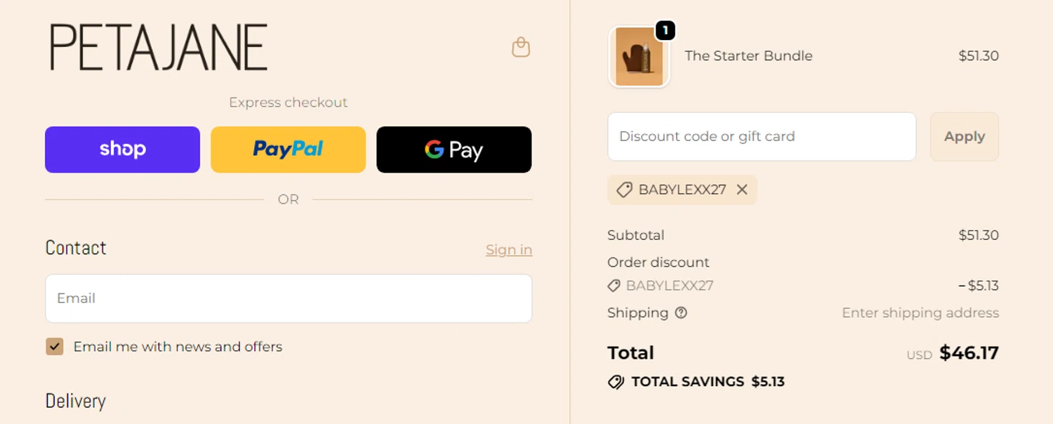 Peta Jane Beauty discount code screenshot showing code BABYLEXX27 applied at Peta Jane Beauty checkout page. Uploaded by SimplyCodes community member RonaldAcunaJr on Feb 5, 2026