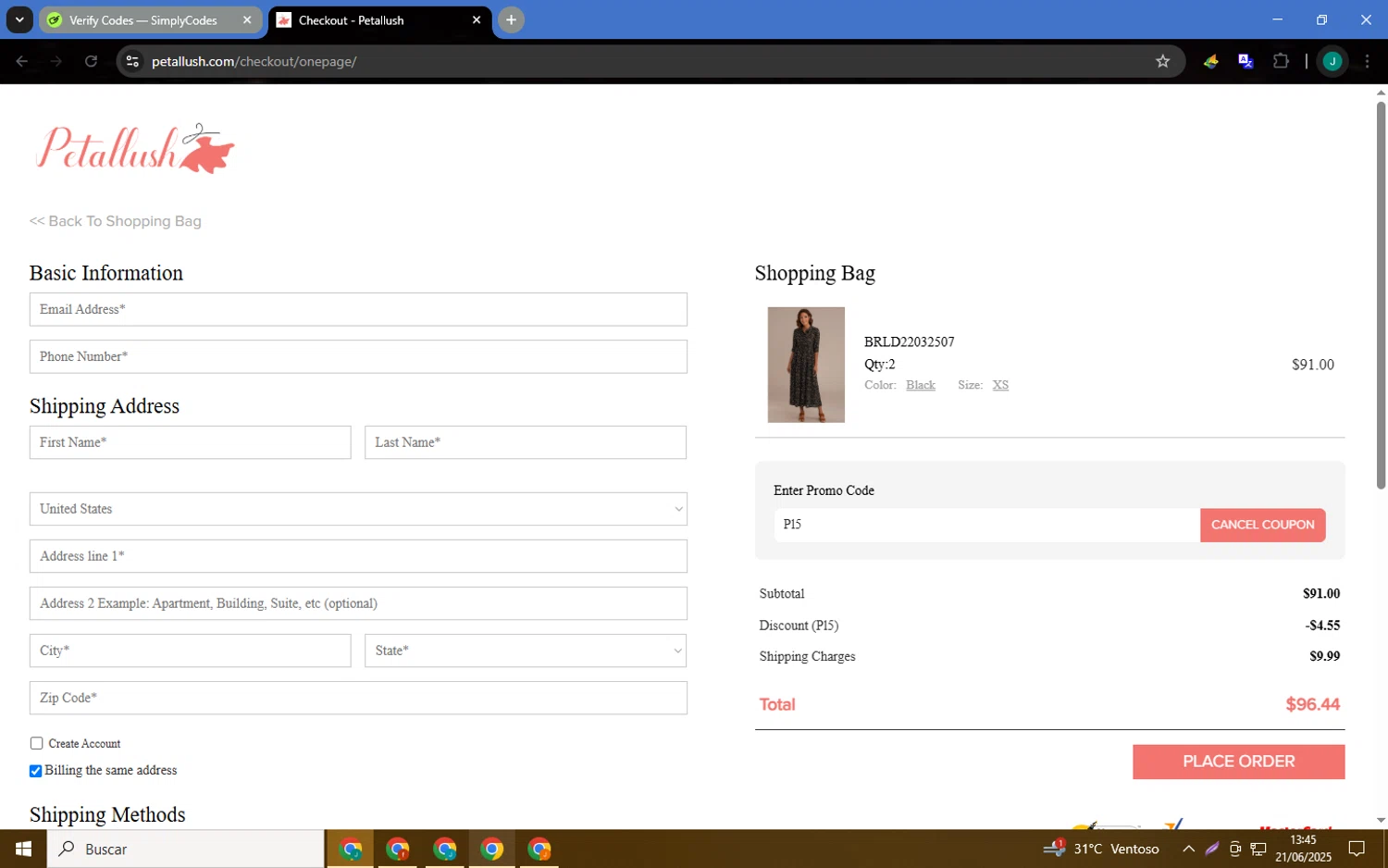 Petallush coupon code screenshot showing code Pl5 applied at Petallush checkout page. Uploaded by SimplyCodes community member MagnificentCaptain7552 on Jun 21, 2025