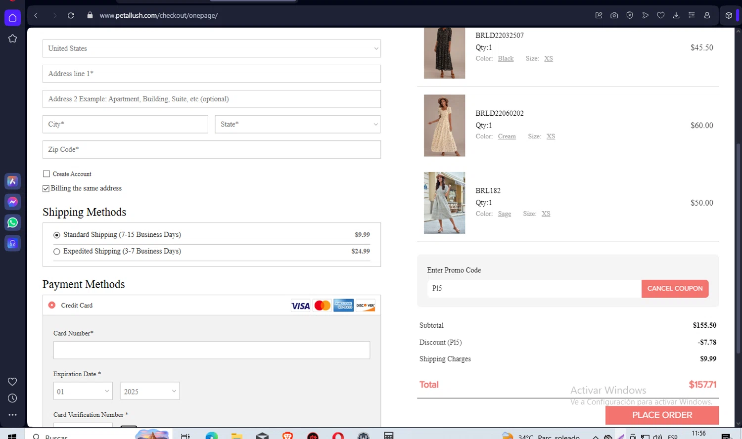 Petallush coupon code screenshot showing code Pl5 applied at Petallush checkout page. Uploaded by SimplyCodes community member LuckyChaser369 on May 10, 2025