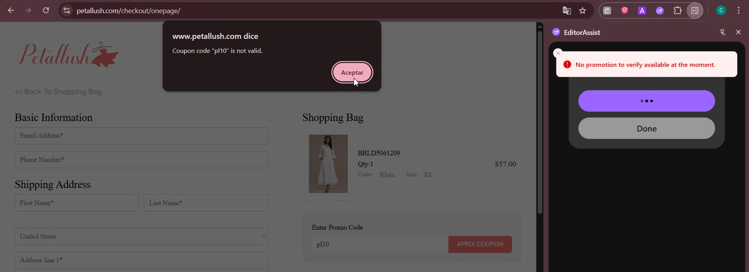 Petallush coupon code screenshot showing code pl10 applied at Petallush checkout page. Uploaded by SimplyCodes community member Negritoo on Nov 26, 2025