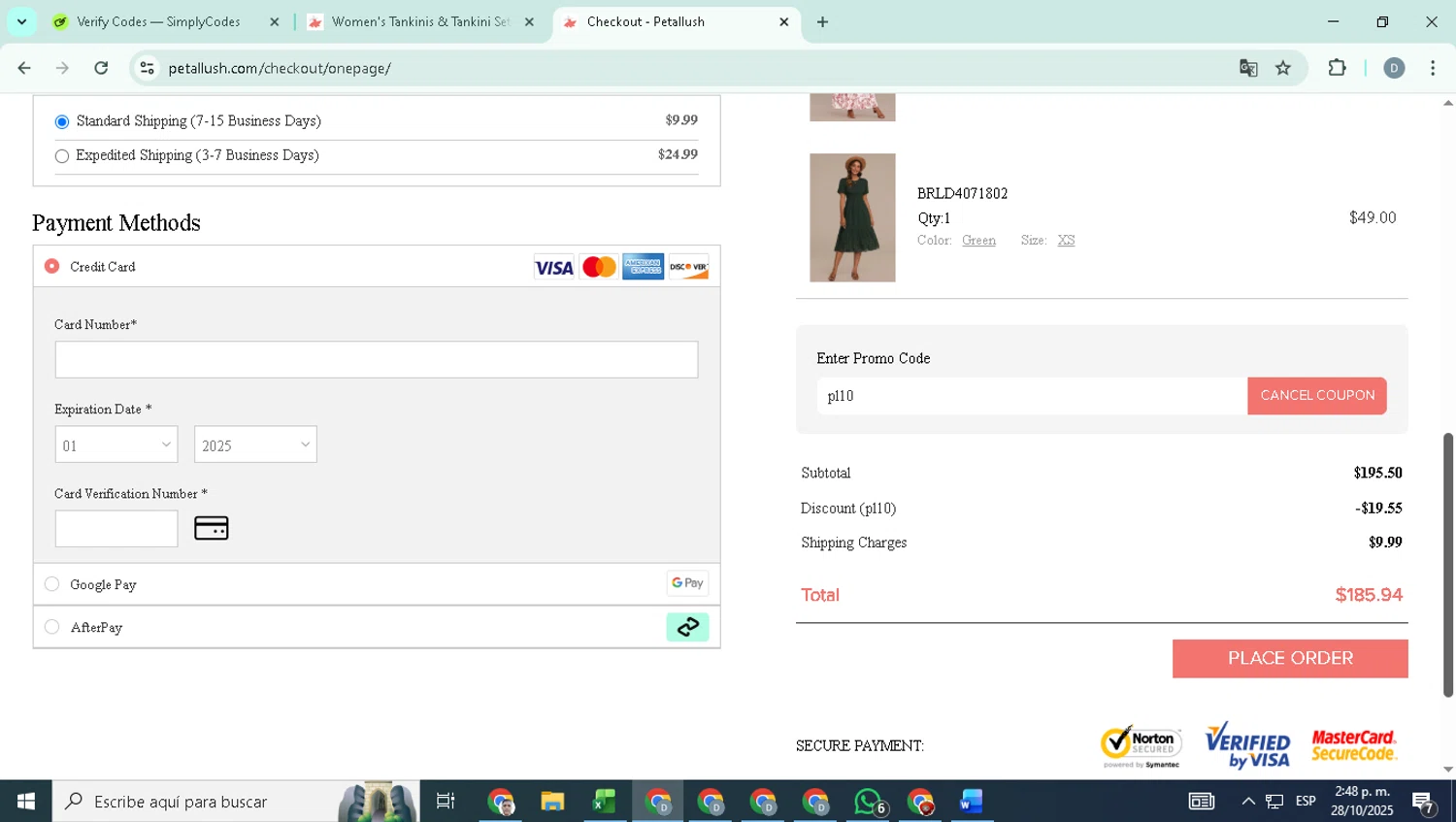 Petallush checkout page showing Petallush coupon code box | Screenshot taken by SimplyCodes community member on Oct 28, 2025