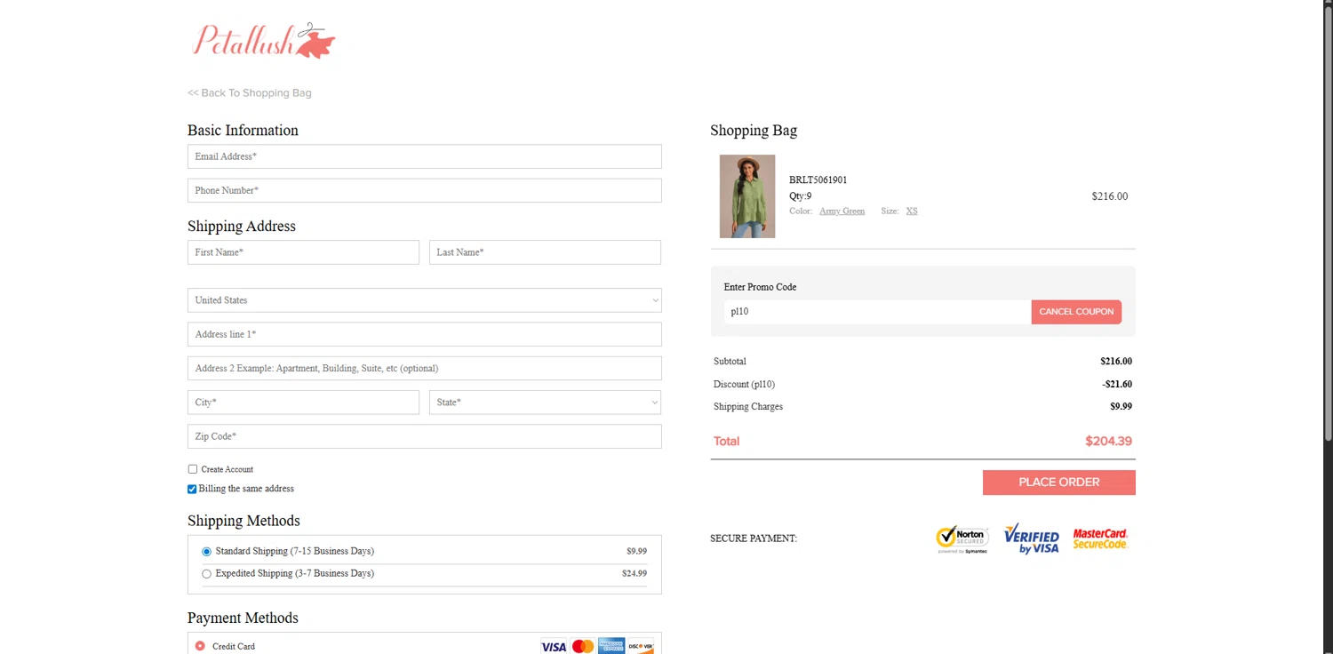 Petallush coupon code screenshot showing code pl10 applied at Petallush checkout page. Uploaded by SimplyCodes community member SavingsPioneer4533 on Nov 26, 2025