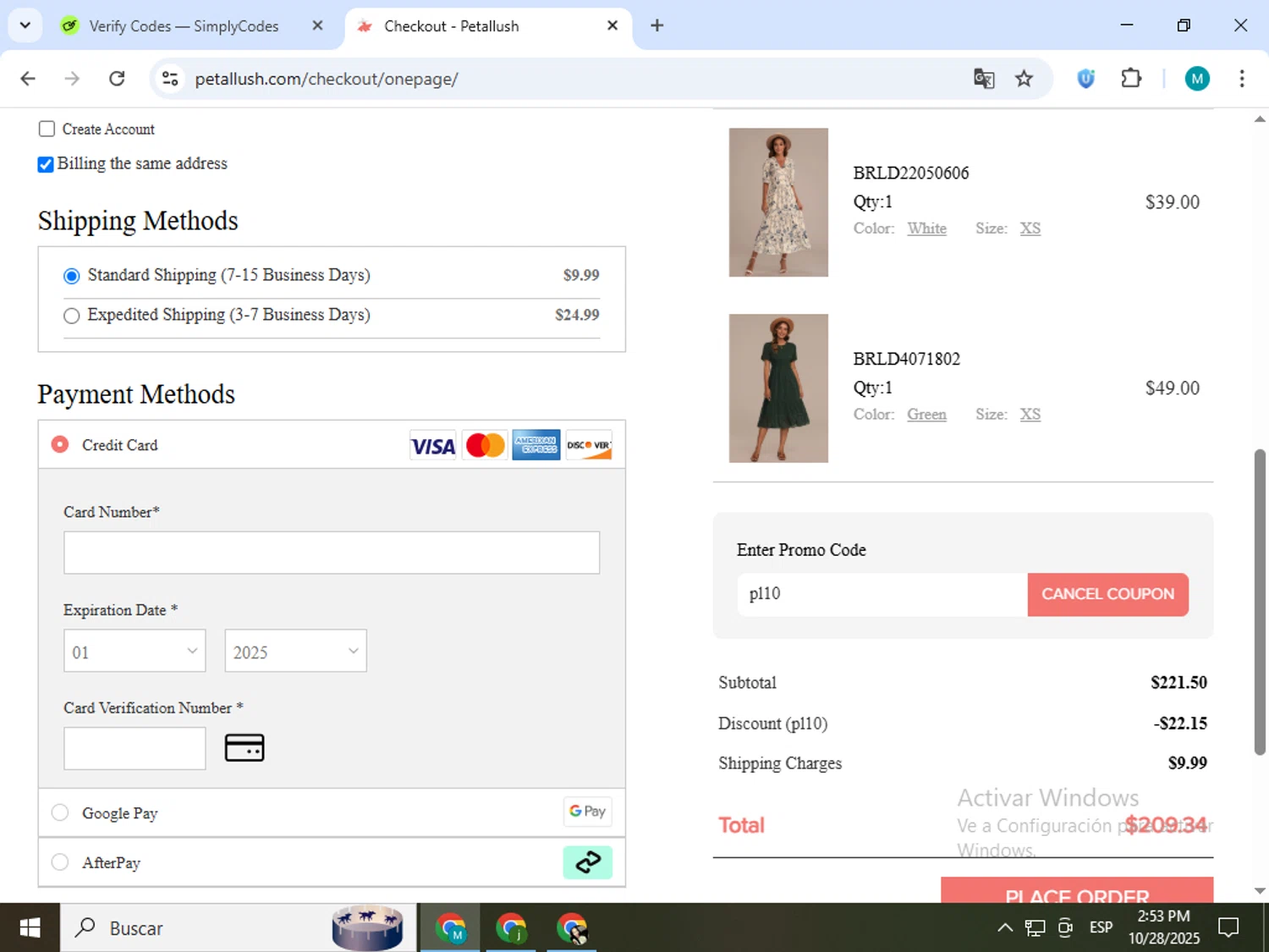 Petallush coupon code screenshot showing code pl10 applied at Petallush checkout page. Uploaded by SimplyCodes community member estrellaveloz on Oct 28, 2025