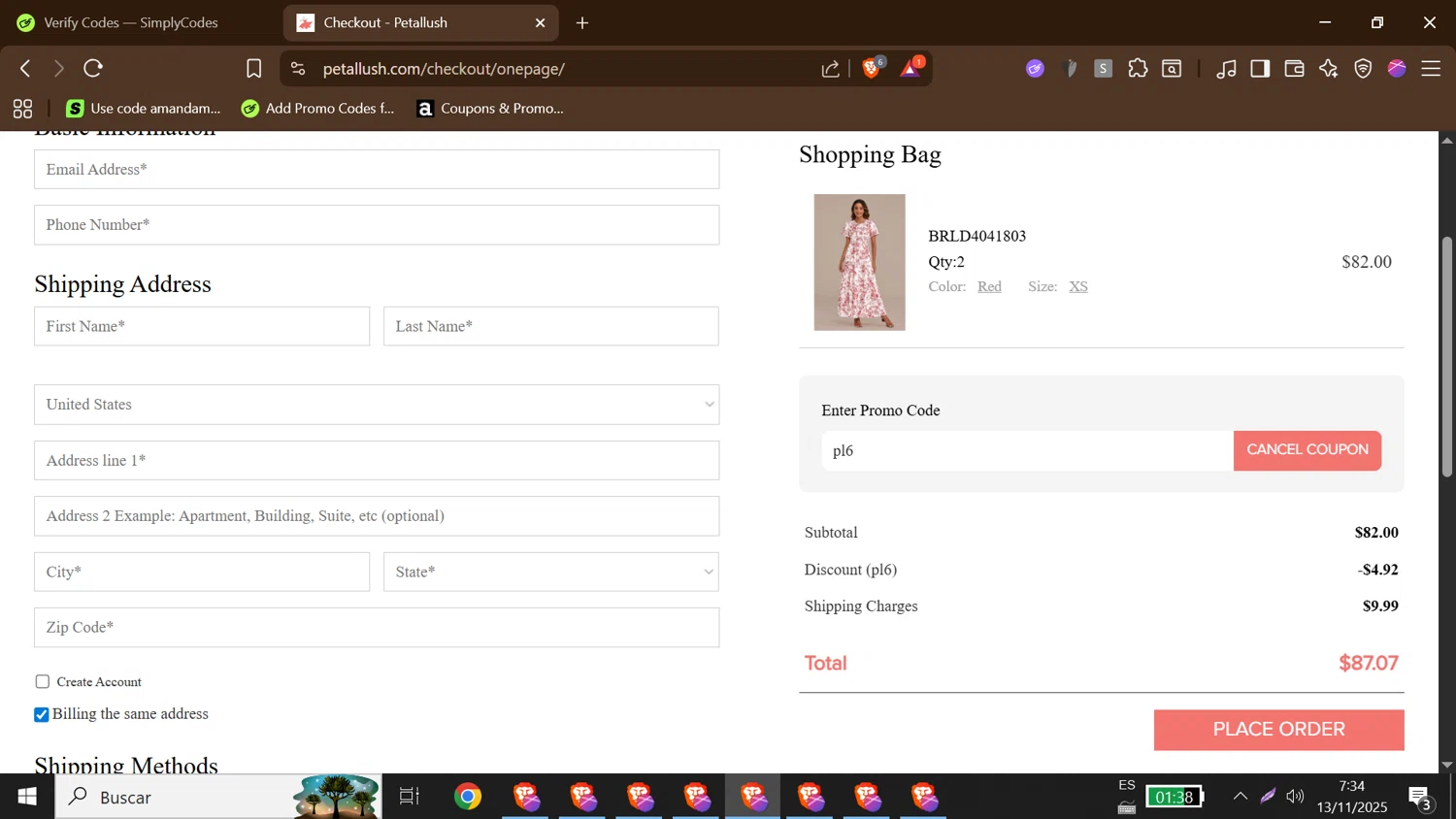 Petallush coupon code screenshot showing code pl6 applied at Petallush checkout page. Uploaded by SimplyCodes community member MoneyShopper1883 on Nov 13, 2025