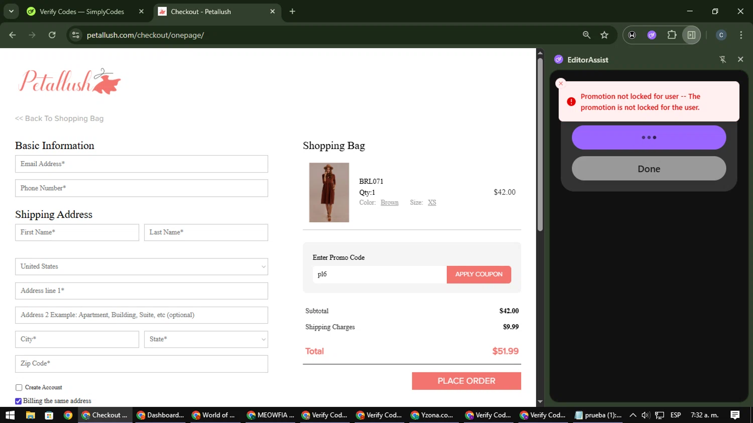 Petallush coupon code screenshot showing code pl6 applied at Petallush checkout page. Uploaded by SimplyCodes community member Nata_Montana on Nov 13, 2025