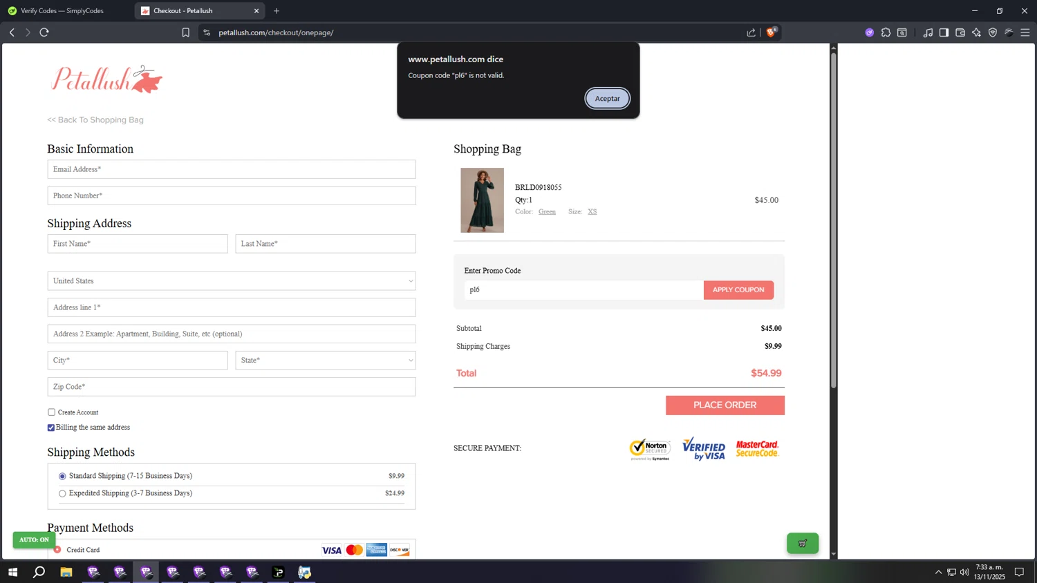 Petallush coupon code screenshot showing code pl6 applied at Petallush checkout page. Uploaded by SimplyCodes community member lllllllllllllll on Nov 13, 2025