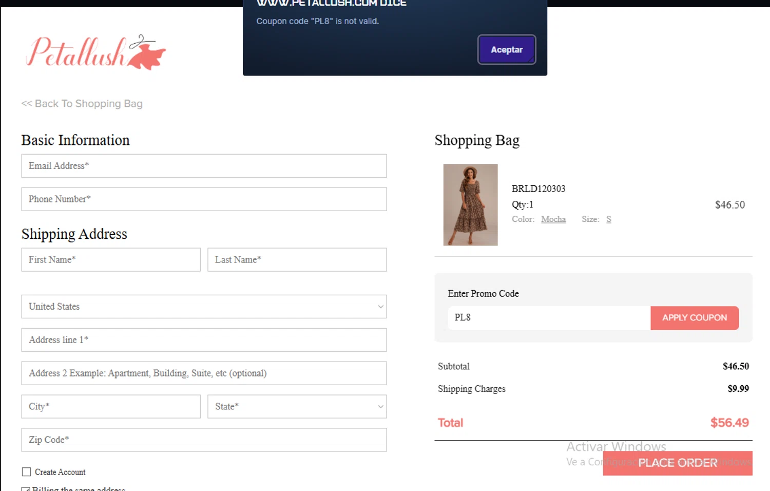 Petallush coupon code screenshot showing code PL8 applied at Petallush checkout page. Uploaded by SimplyCodes community member Lestara_23 on Sep 21, 2025