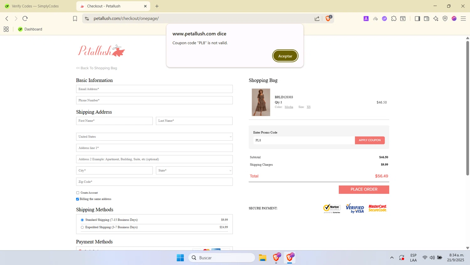 Petallush coupon code screenshot showing code PL8 applied at Petallush checkout page. Uploaded by SimplyCodes community member SwiftTracker9305 on Sep 21, 2025