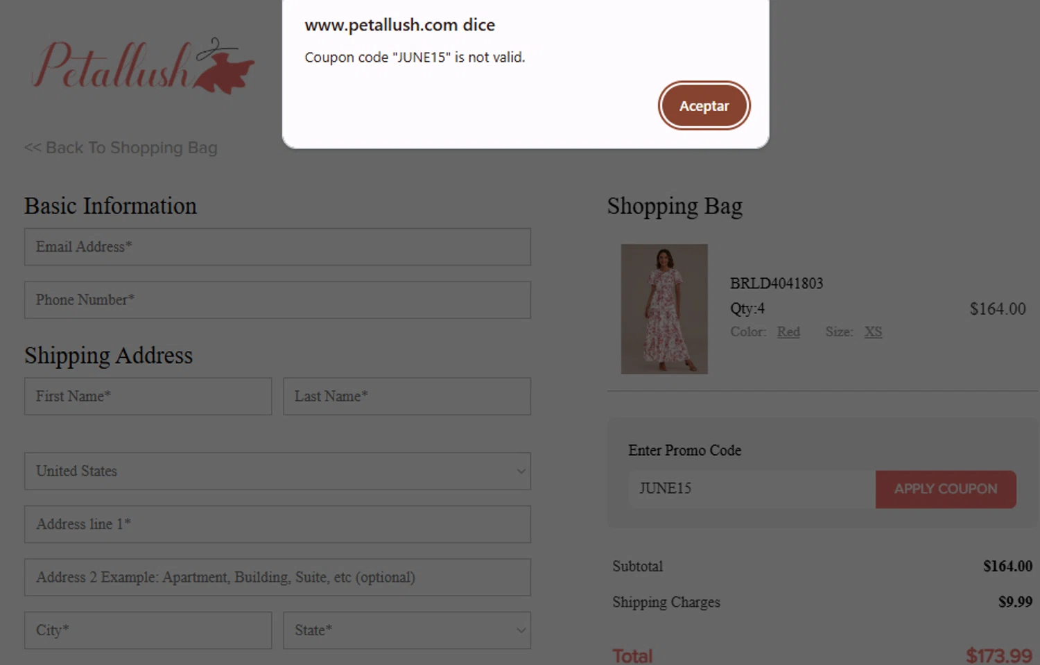 Petallush coupon code screenshot showing code JUNE15 applied at Petallush checkout page. Uploaded by SimplyCodes community member MariAPB on Aug 18, 2025